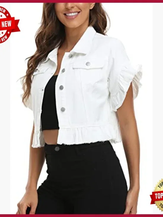 Cropped Denim Jacket with Ruffle Sleeves, Distressed Hem, Fitted Fit - Picture 3 of 7